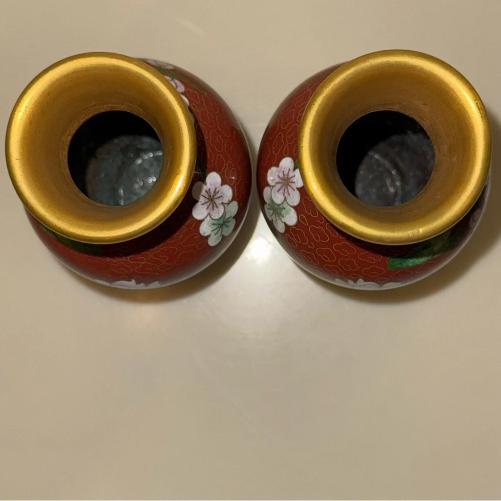 Pair Of Vintage Chinese Cloisonné Chrysanthemum Floral Vases